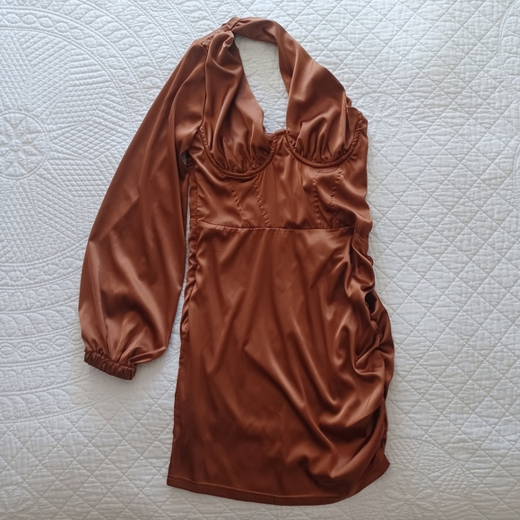 One-Shoulder Bustier Ruched Satin Effect Mini Dress Copper M - Picture 3 of 13